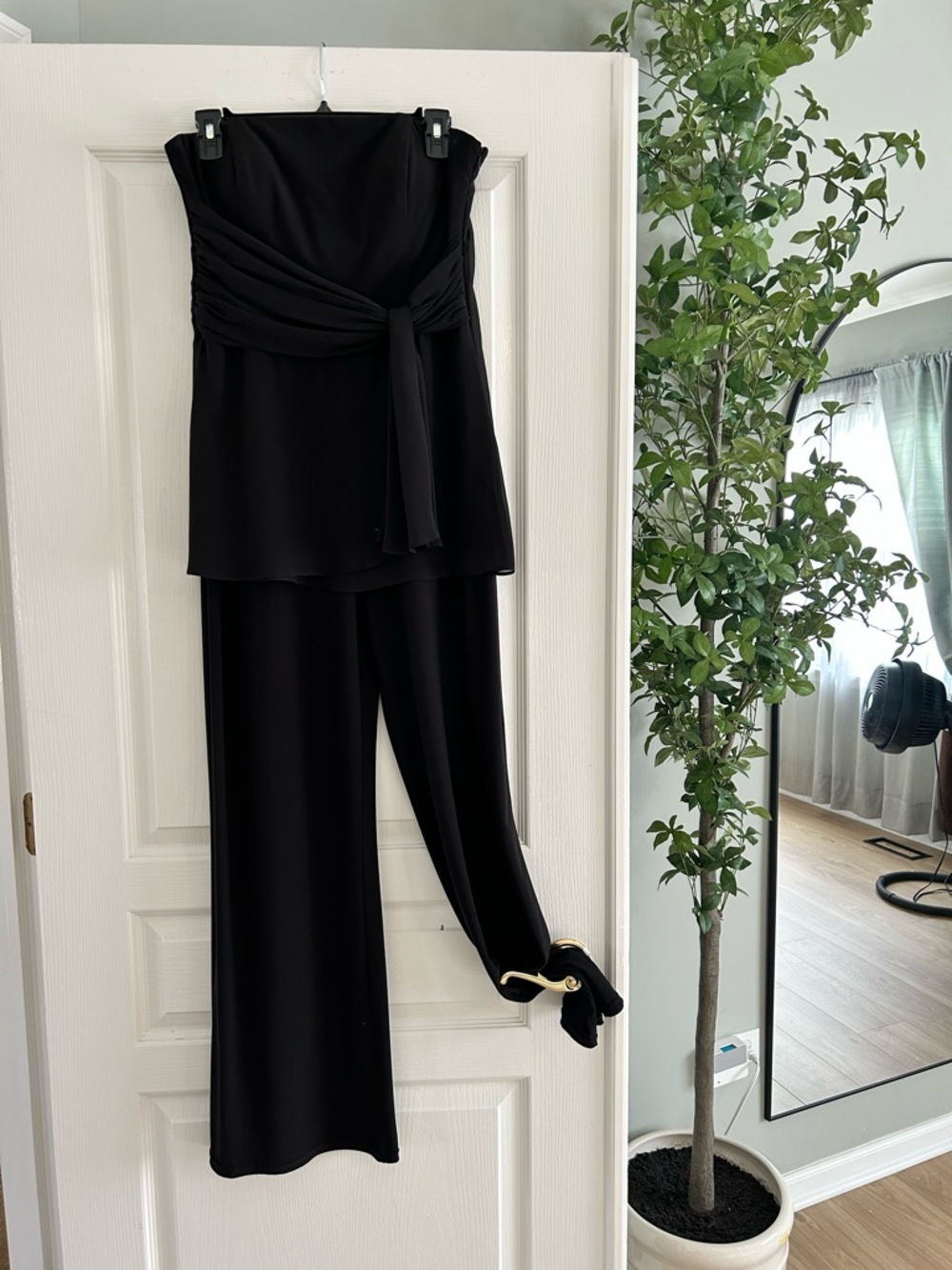White House Black Market Black Strapless Wide-Leg Jumpsuit with Waist Tie